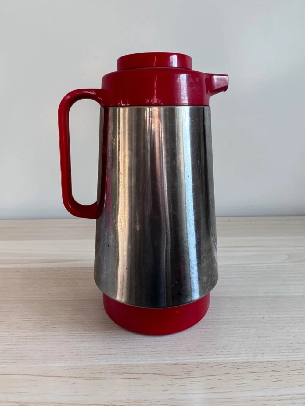 Vintage Corning Thermatique Stainless Steel and Red Plastic Coffee Carafe